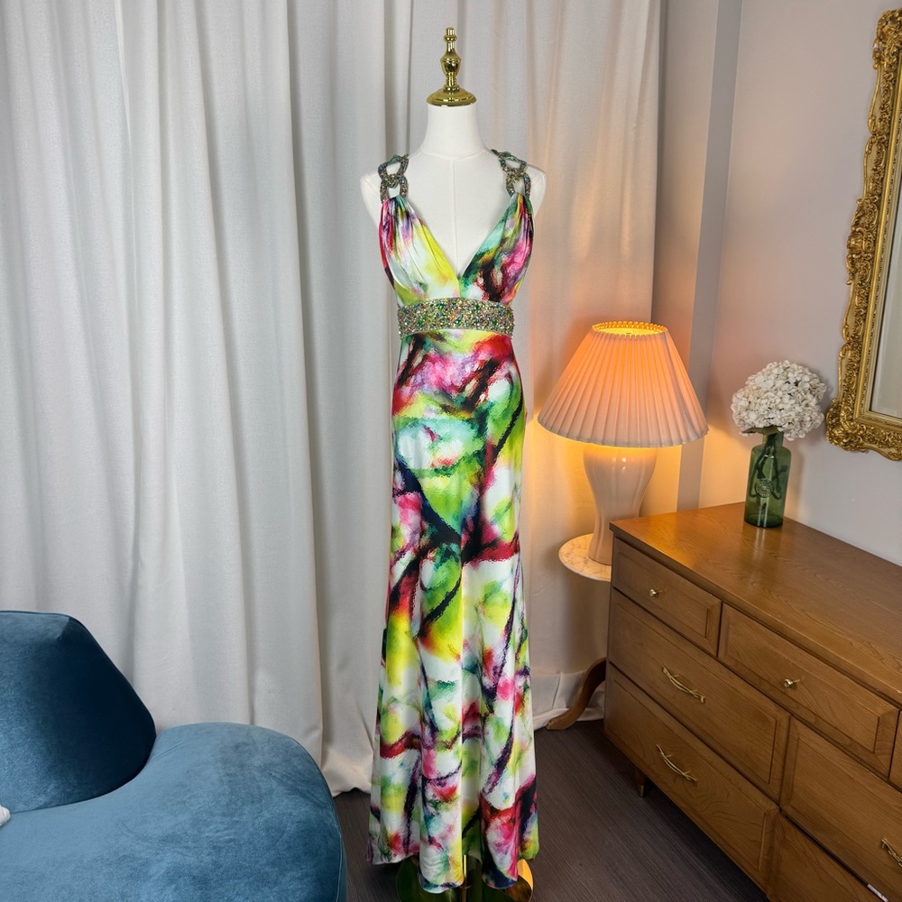 Camille La Vie Watercolor Beaded Evening Gown size 6